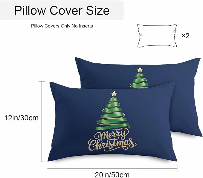 Navy Blue Christmas Tree Lumbar Pillow Covers 12 x 20 Inch, Green Xmas Tree with Star Waterproof Throw Pillow Cover Set of 2, Christmas Blue Decorative Rectangle Cushion Covers for Patio/Couch