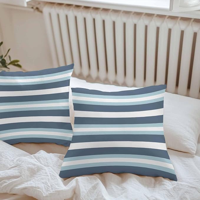 Blue Striped Outdoor Pillow Covers Waterproof, All Weather Cushion Case Set of 2, Modern Gradient Abstract Lines Aesthetic Decorative Pillowcases for Sofa Couch Bed Decor Patio Furniture 16"x16"