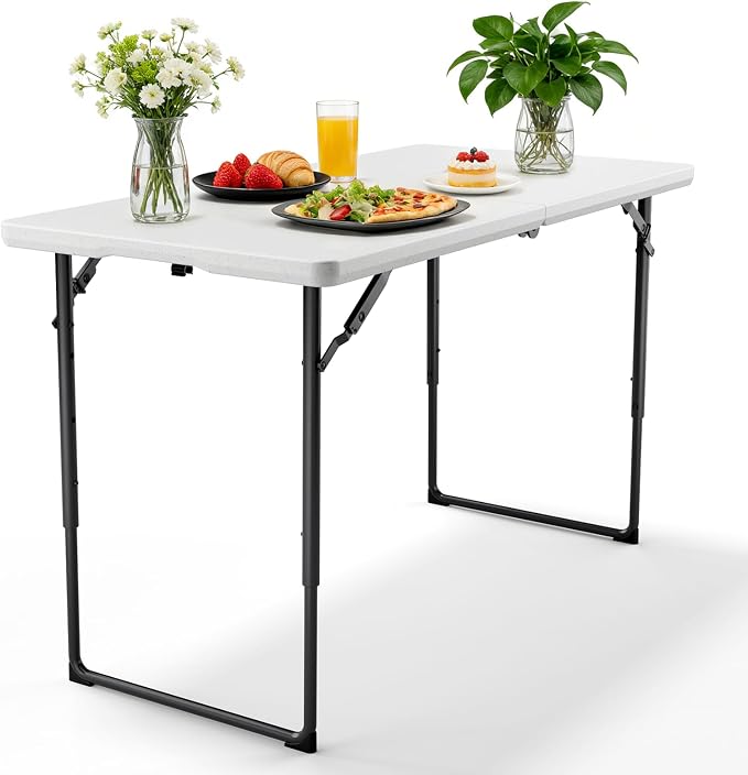 4FT Folding Table, Fold Up Picnic Table with Height Adjustable Portable Table for Indoor Outdoor Use Camping Table for Party, BBQ, White