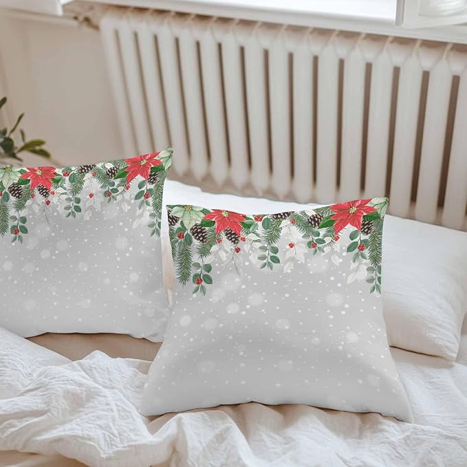 Outdoor Throw Pillow Covers, Christmas Poinsettia Flower Pine Cones Eucalyptus Leaf Winter Snowflake Gray Waterproof Pillowcases Cushion Covers Cases for Patio Couch Bench, Pack of 2 Square, 18"X18"