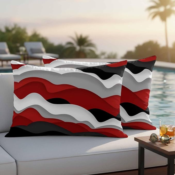 Ocean Waves Outdoor Waterproof Throw Pillow Covers Set of 2, 20"x12", Black Red Wave Gradient Decorative Pillow Covers Outside Cushion Case for Patio Porch Garden