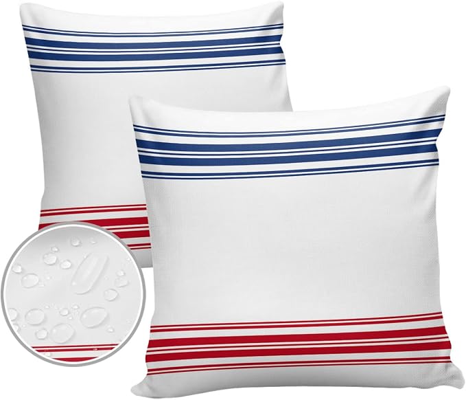 Prime Leader Outdoor Waterproof Pillow Covers Set of 2, Independence Day Flag Day Blue Red Stripe Patio Throw Pillow Covers, Decorative Cushion Case for Couch Sofa Furniture Garden, 18x18 Inch