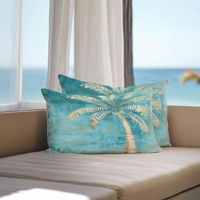 Coastal Beach Tree Green Outdoor Waterproof Pillow Covers, Vintage Tropical Flower Plant Decorative Rectangle Throw Pillowcase Sofa Cushion Sham for Patio/Couch/Chair, 20"x12" 2 Pack