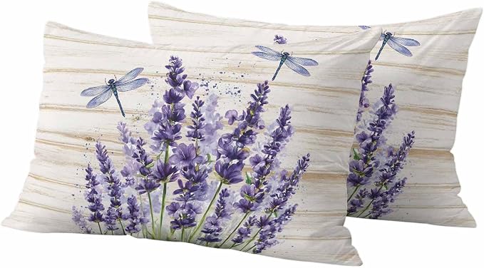 Outdoor Waterproof Throw Pillow Covers Set of 2 Lavender Flower Lumbar Pillowcases 20x12 Inches Purple Floral Dragonfly Wood Decorative Pillows Cushion Case Patio Pillows for Couch Bed Chair Garden