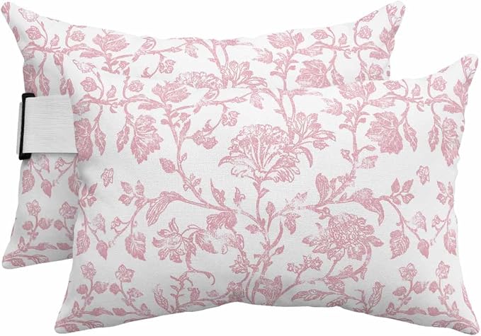 Pack of 4 Outdoor Lumbar Pillow Covers 11x16 Inch, Pink Flower Waterproof Throw Pillow Covers Set, Vintage Farmhouse Boho Leaf Spring Solid Indoor&Outdoor Cushion Cases for Patio Porch Beach