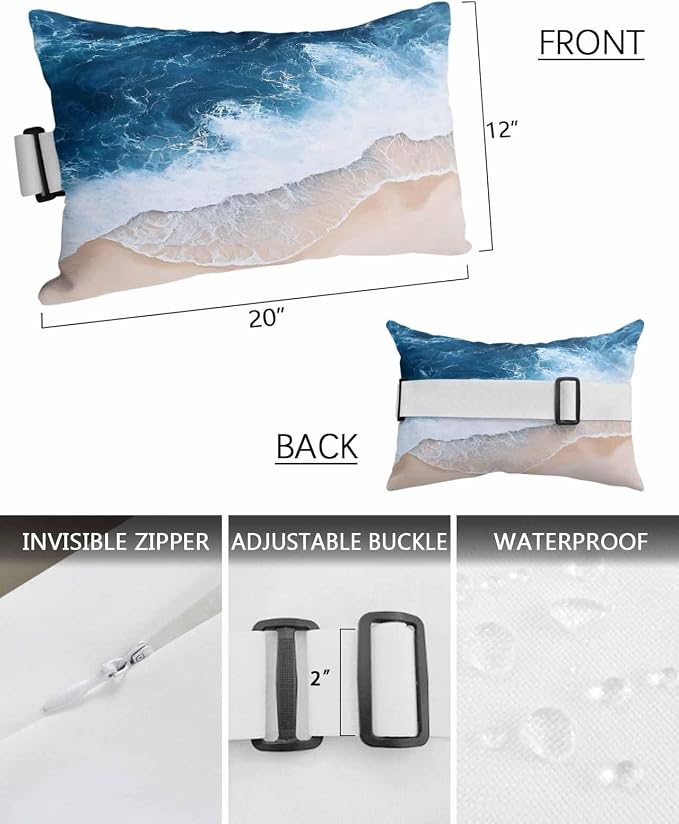 Chaise Lounge Head Pillows,Coastal Ocean Wave Beach Theme Lumbar Pillow for Patio Beach Pool Outdoor Waterproof Patio Throw Pillows Abstract Blue White Stripe