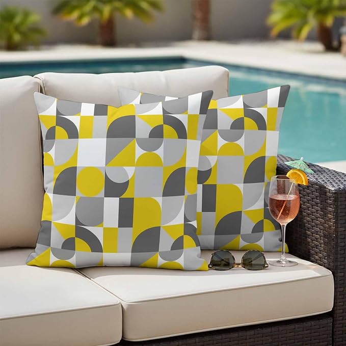 Mid Century Outdoor Waterproof Throw Pillow Covers Set of 2, 18"x18", Yellow Grey Abstract Retro Geometric Modern Decorative Pillow Covers Outside Cushion Case for Patio Porch Garden