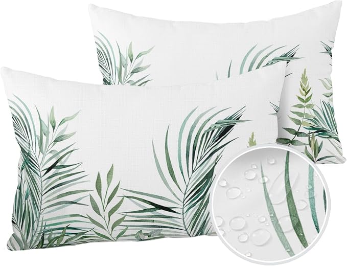 Outdoor Waterproof Throw Pillows Tropical Palm Leaves White Patio Pillows Pack of 2,Decorative Pillow Covers with Insert,Pillow Cushion Case for Garden Couch Sofa Pastoral Green Leaf Plant