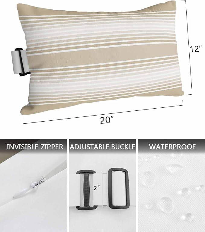 Pack of 4 Outdoor Lumbar Pillow Covers 12x20 Inch, Beige Striped Waterproof Throw Pillow Covers Set, Beige Ombre Farmhouse Stripes Indoor&Outdoor Decorative Cushion Cases for Patio Porch Car