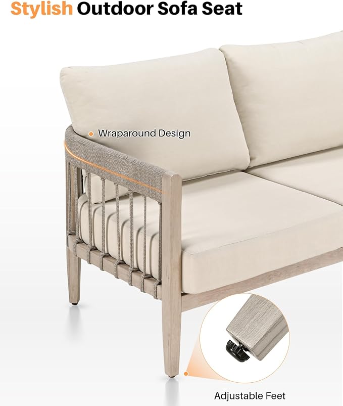 3-Seater Outdoor Aluminum Sofa, Never-Rust Patio Sofa Couch with Faux Wood Grain Finish Frame, Rope Weave Outdoor Sofa with Extra Thick Cushions, Outdoor Patio Couch for Deck, Porch, Garden