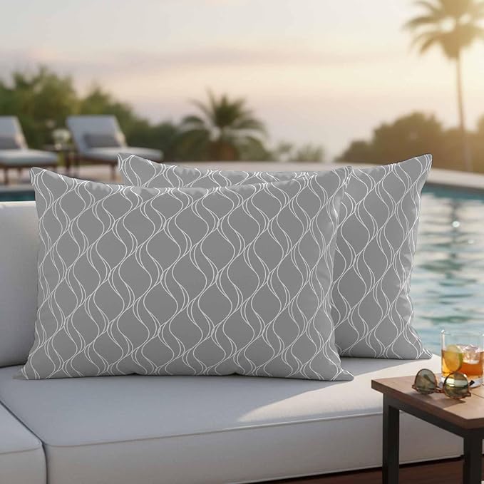 Grey White Stripes Outdoor Pillow Covers 20x12 Inch Lumbar Pillow Covers Set of 2 Waterproof Decorative Throw Pillow Cases Simple Geometric Modern Monochrome Cushion Covers for Patio Furniture Garden
