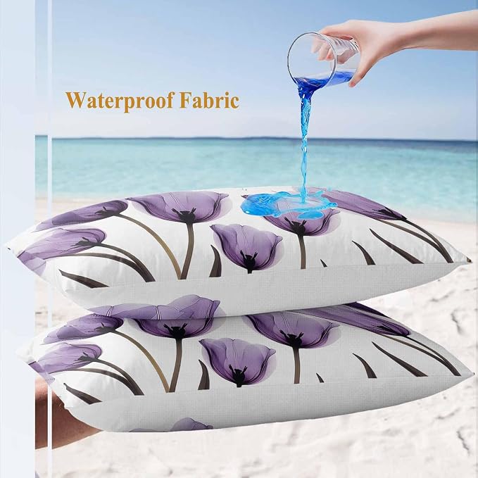 Spring Purple Outdoor Waterproof Throw Pillow Covers Set of 2, 20"x12", Flowers Image of Tulips Floral Decorative Pillow Covers Outside Cushion Case for Patio Porch Garden
