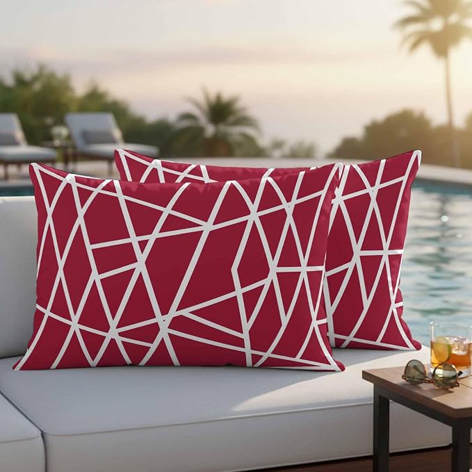 Outdoor Pillow Covers Waterproof, Red Geometric Decorative Rectangle Throw Pillowcases Patio Cushion Covers for Tent/Garden, 20" x 12" 2 Pack, Abstract Stripes Modern Minimalist
