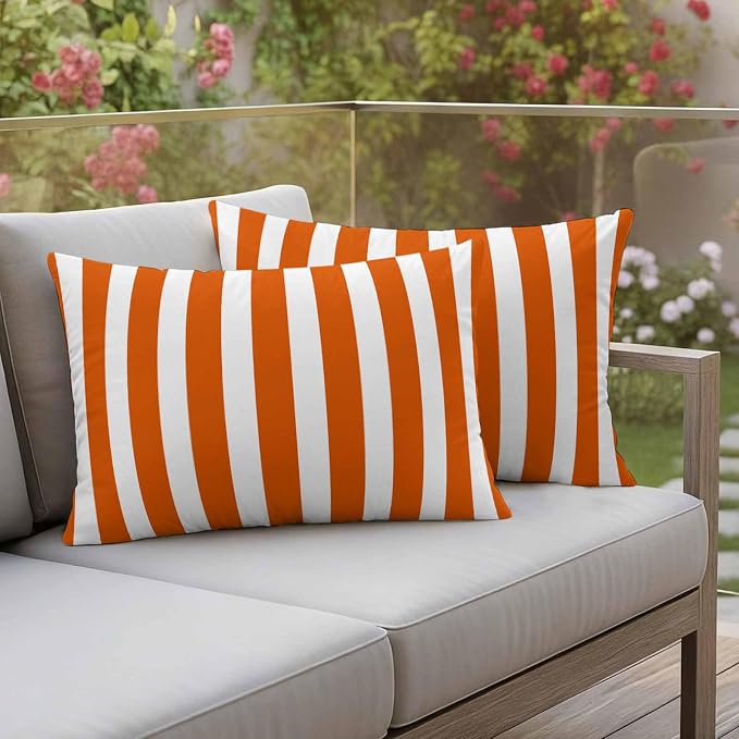 Burnt Orange Striped Outdoor Waterproof Throw Pillow Covers 20x12 Set of 2, Thanksgiving Orange White Stripes Decorative Pillowcases Cushion Pillowcase for Couch Sofa Patio Outside Pillow Protector