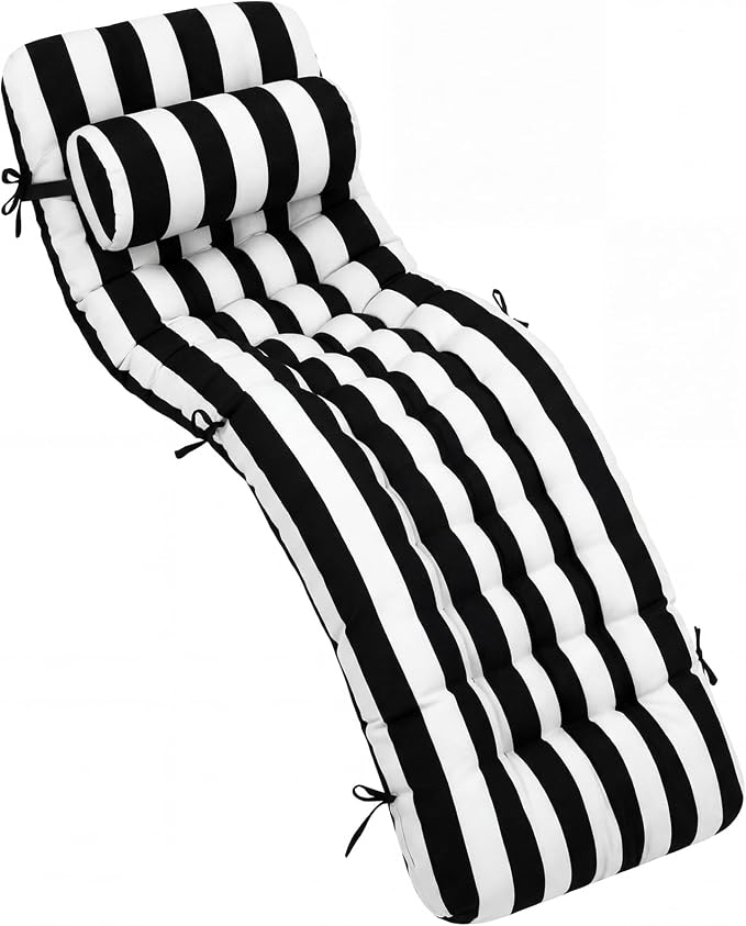 Tudomro Outdoor Chaise Lounge Cushion 66x21x4'' Waterproof & Fade-Resistant Patio Pool Chaise Lounge Cushion Headrest Pillow Tie Replacement Rocking High Back Chair(Black, White Stripe,1 Pcs)