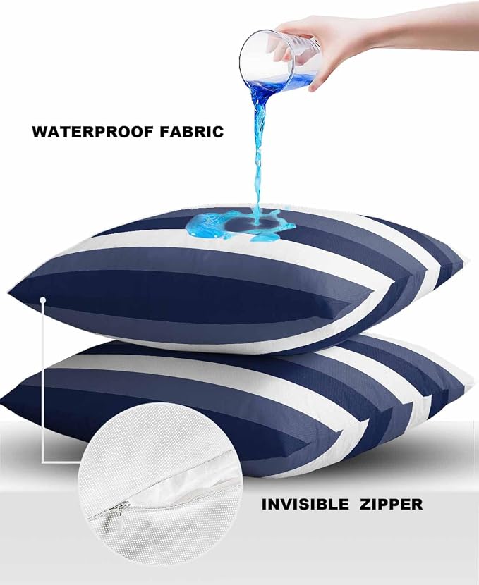 Pack of 2 Navy Blue Stripes Outdoor Pillow Waterproof Covers 20x20 inch, Geometric Pattern Polyester Throw Pillow Covers Garden Cushion Decorative Case for Patio Couch Decoration
