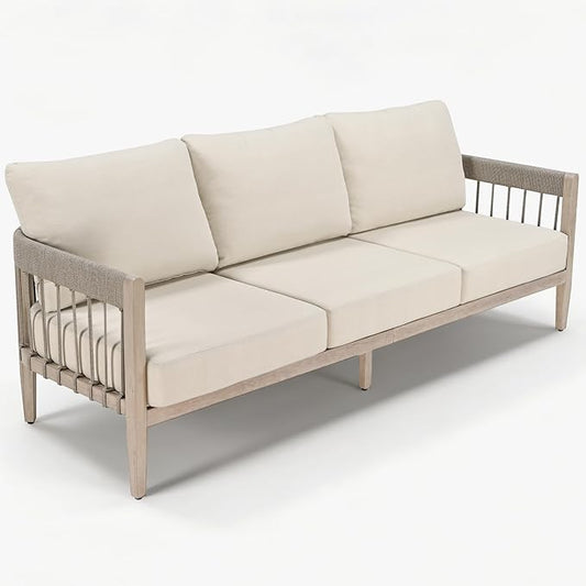 3-Seater Outdoor Aluminum Sofa, Never-Rust Patio Sofa Couch with Faux Wood Grain Finish Frame, Rope Weave Outdoor Sofa with Extra Thick Cushions, Outdoor Patio Couch for Deck, Porch, Garden