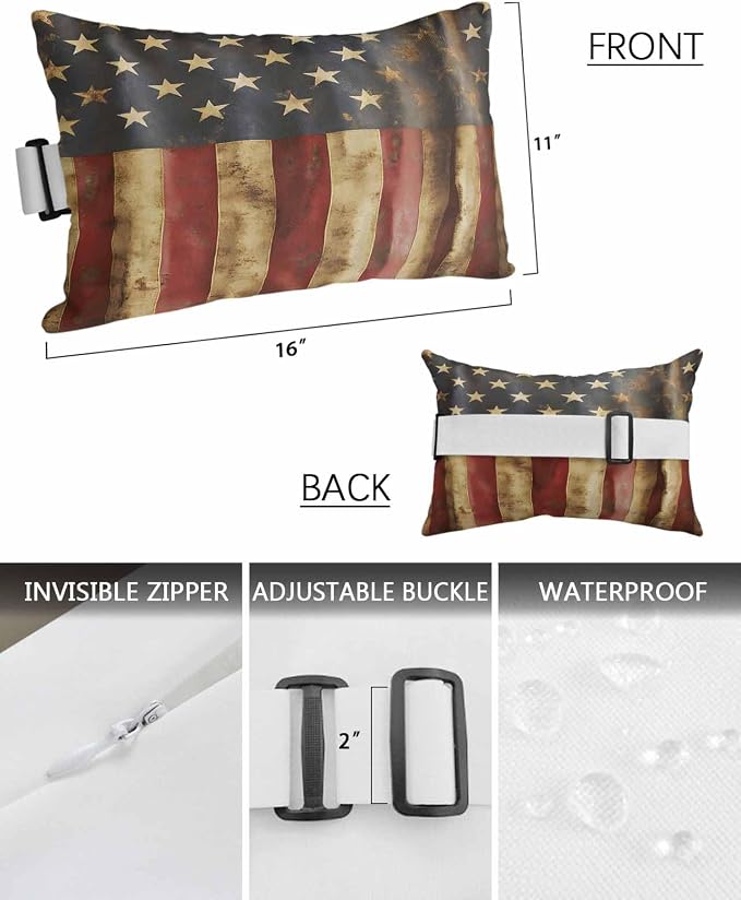 Pack of 2 Outdoor Lumbar Cushions with Inserts, American Vintage US Flag Patriot Waterproof Fluffy Fade Body Pillows, Patio Furniture Pillow for Home Balcony Garden Decor 11x16IN
