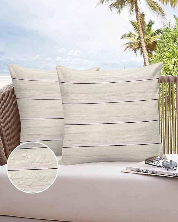 Vandarllin Outdoor Throw Pillow Covers 26X26 Set of 2 Waterproof Ivory White Decorative Zippered Cushion Covers for Patio Furniture, Farmhouse Retro Rustic Barn Wood Texture Lumbar Pillowcases