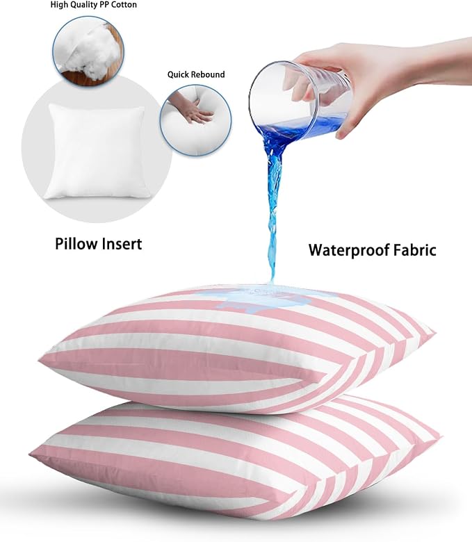 Outdoor Waterproof Throw Pillows Pink White Lines Stripes Patio Pillows Pack of 2,Decorative Pillow Covers with Insert,Pillow Cushion Case for Garden Couch Sofa Ombre Minimalist Color Art