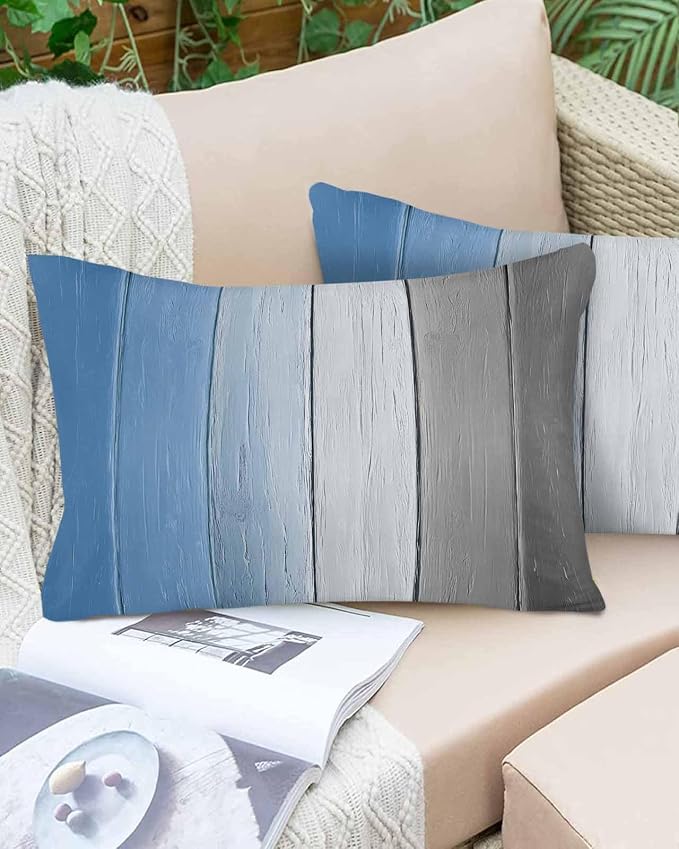Lumbar Pillow Covers 20x12 Inch Set of 2, Blue Gray Ombre Waterproof Outdoor Cushion Covers, Vintage Country Wooden Decorative Pillowcases for Couch, Sofa, Bed, Garden, Patio