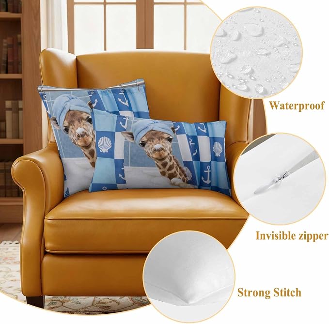 Bathing Giraffe Waterproof Outdoor Pillow Covers Set of 2 Home Decor, Funny Animal Showering Lumbar Pillowcase Patio Pillow Covers for Couch Bench Patio Furniture Garden 20x12in