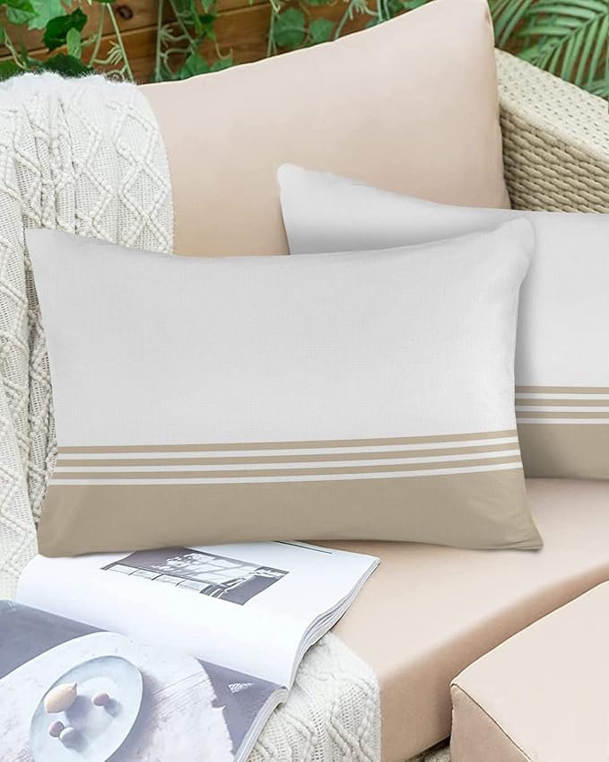 Lumbar Pillow Covers 20x12 Inch Set of 2, Beige White Striped Waterproof Outdoor Cushion Covers, Modern Abstract Art Aesthetics Decorative Pillowcases for Couch, Sofa, Bed, Garden, Patio