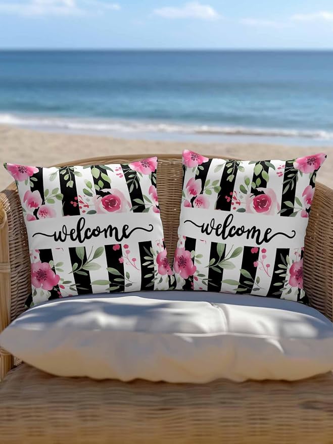 Outdoor Waterproof Throw Pillows Welcome Words Pink Flowers Patio Pillows Pack of 2,Decorative Pillow Covers with Insert,Pillow Cushion Case for Garden Couch Sofa Country Black Line