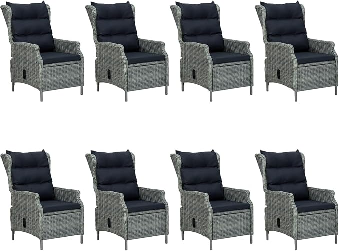 9 Piece Patio Dining Set Light Gray Poly Rattan | Adjustable Backrest Armchairs, Powder-Coated Steel Frame, Glass Tabletop, Removable Cushion Covers