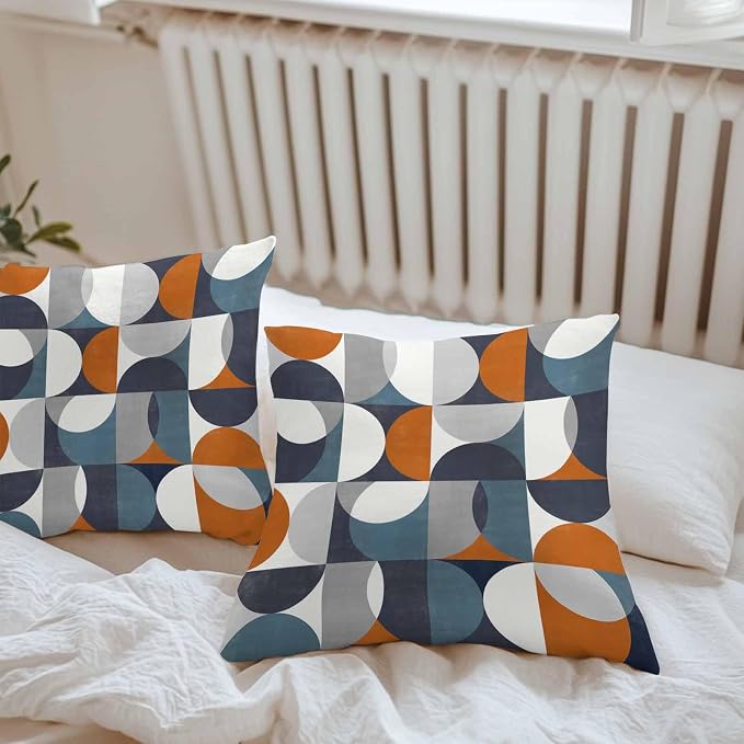 Vandarllin Outdoor Throw Pillows Covers 26x26 inch Set of 2 Waterproof Mid Century Geometric Decorative Zippered Cushion Covers for Patio Furniture, Abstract Modern Orange Blue Lumbar Pillowcases