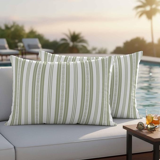 Sage Green Striped Outdoor Waterproof Pillow Covers, Farmhouse Stripes Modern Geometric Decorative Rectangle Throw Pillowcase Sofa Cushion Sham for Patio/Couch/Chair, 20"x12" 2 Pack