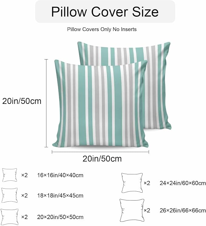 Aqua Grey Stripe Outdoor Pillow Covers 26x26 Inch Throw Pillow Covers Set of 2 Waterproof Decorative Pillow Cases Farmhouse Minimalist Striped Cushion Covers for Patio Furniture Garden Couch Sofa