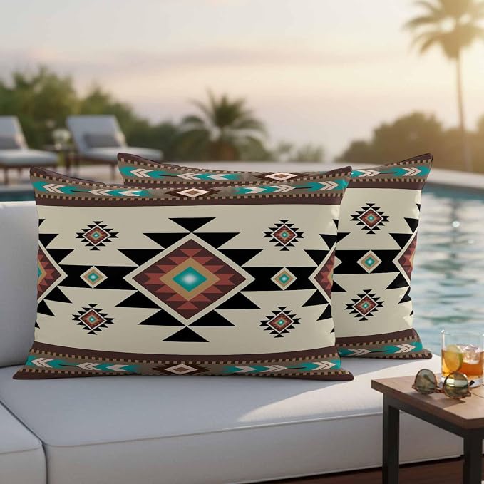 Southwest Geometric Waterproof Outdoor Pillow Covers 20''x12'' Set of 2, Brown Mexican Aztec Boho Tribal Patio Furniture Cushion Covers for Chairs, Decorative Pillow Cases for Garden/Pool/Beach