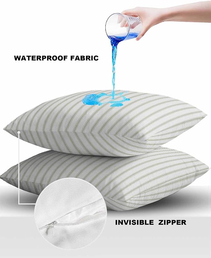 Outdoor Waterproof Throw Pillow Covers Set of 2 Sage Green Stripes Pillowcases 18x18 Inches Vertical Striped Patio Decorative Pillows Cushion Case Patio Pillows for Couch Bed Chair Garden