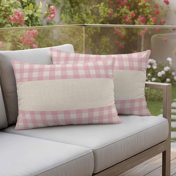 Retro Pink Outdoor Waterproof Pillow Covers, Farmhouse Buffalo Plaid Vintage Beige Decorative Rectangle Throw Pillowcase Sofa Cushion Sham for Patio/Couch/Chair, 20"x12" 2 Pack