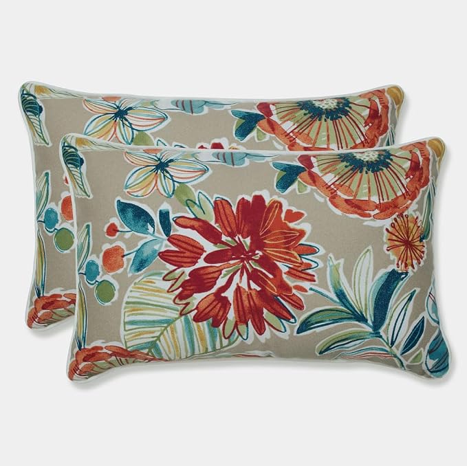 Pillow Perfect Bright Floral Indoor/Outdoor Throw Pillows, 2 Count, Lumbar - 11.5" x 18.5", Tan/Blue Colsen