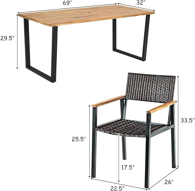 HAPPYGRILL 7 Pieces Wood Rattan Patio Dining Set, Outdoor Dining Furniture Set with Rectangle Table Wicker Chairs, Acacia Wood Tabletop with Umbrella Hole, Dining Set for Garden Backyard