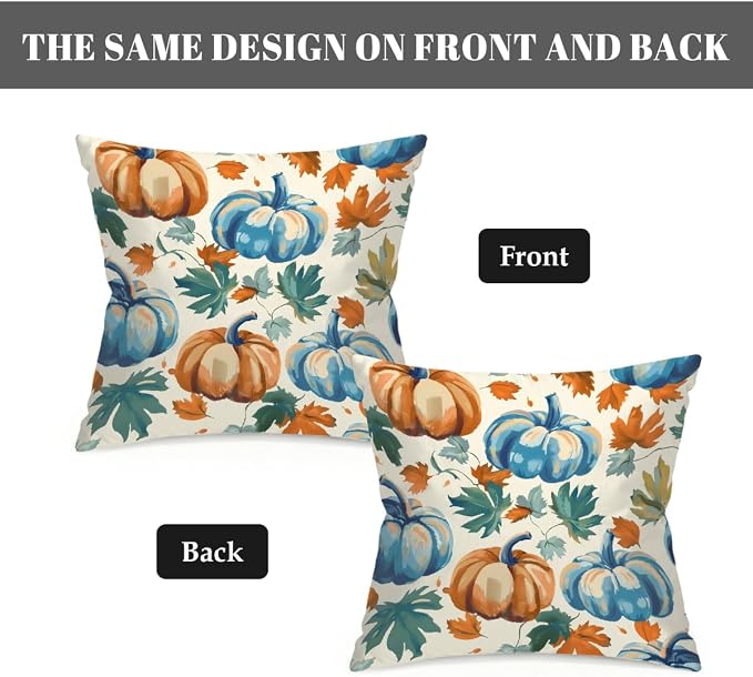 18x18 Inch Outdoor Pillow Covers Set of 2 Waterproof Throw Pillow Covers Decorative Couch Cushion Covers Blue Pumpkin Fall Leaf Square Pillowcases Protectors for Patio Garden Sofa