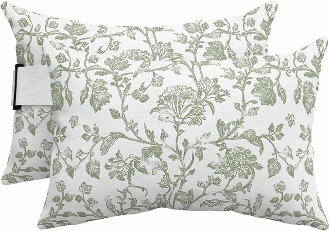 Pack of 2 Outdoor Lumbar Pillow Covers 12x20 Inch, Green Leaf Flower Waterproof Throw Pillow Covers Set, Vintage Farmhouse Bohemian Spring Indoor&Outdoor Decorative Cushion Cases for Patio Porch Beach