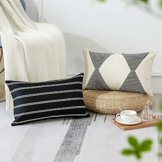 OTOSTAR Outdoor Decorative Pillow Covers Waterproof Garden Throw Pillow Covers 12x20 Inch Cushion Case Geometry Throw Pillowcases Pillows Shell for Patio Furniture Couch Tent Balcony Pack of 4 (Black)