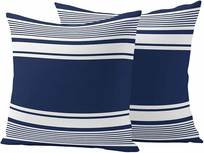 Vandarllin Outdoor Throw Pillows Covers 20x20 inch Set of 2 Waterproof Navy Blue Stripes Decorative Zippered Cushion Covers for Patio Furniture, Striped Lines Lumbar Pillowcases