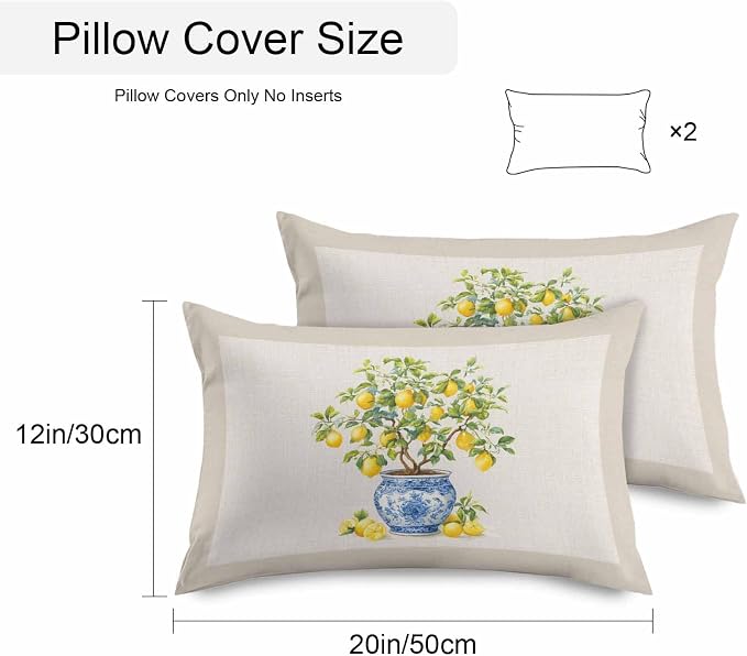 Summer Lemons Outdoor Pillow Covers 20x12 Inch Lumbar Pillow Covers Set of 2 Waterproof Decorative Throw Pillow Cases Brown Beige Farmhouse Botanical Linen Cushion Covers for Patio Furniture Garden