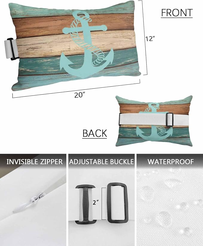 Pack of 2 Outdoor Lumbar Cushions with Inserts, Retro Gradient Anchor Farm Wood Grain Waterproof Fluffy Fade Body Pillows, Patio Furniture Pillow for Home Balcony Garden Decor 12x20IN