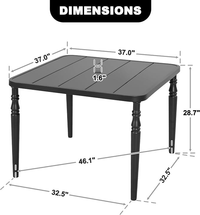 NUU GARDEN Outdoor 37” Dining Table, Square Metal Dining Table with Umbrella Hole, Patio Dining Table with Powder-Coated Frame and Slatted Tabletop, for Garden, Backyard and Balcony, Black