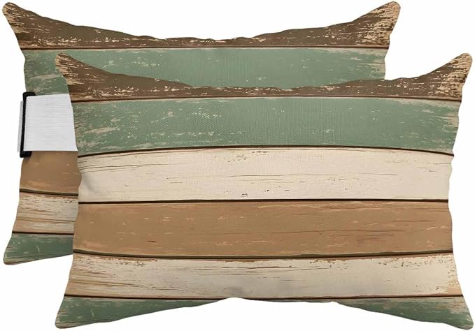 Chucoco Outdoor Head Pillow with Adjustable Elastic Strap, Rustic Green Brown Beige Stripes 2 Pack Waterproof Headrest Cushion Pillows for Balcony/Garden/Beach/Pool Chair Recliners Wood Barn