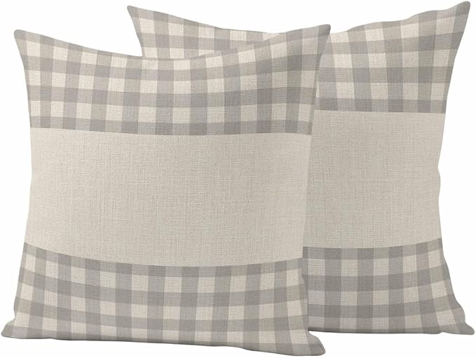 Retro Grey Outdoor Waterproof Pillow Covers, Farmhouse Buffalo Plaid Vintage Beige Decorative Square Throw Pillowcase Sofa Cushion Sham for Patio/Couch/Chair, 24"x24" 2 Pack