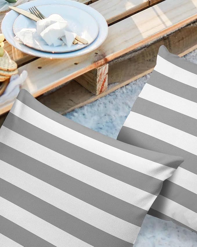 Outdoor Pillows 26x26 Waterproof Outdoor Pillow Covers Gray White Stripes Polyester Throw Pillow Covers Garden Cushion Decorative Case for Patio Couch Decoration Set of 2 Geometric