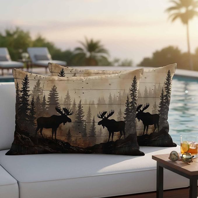 Nature Landscape Outdoor Waterproof Pillow Covers Pack of 2, Rustic Moose Forest Pine Silhouettes Wildlife Throw Pillowcases Decorative Cushion Covers for Garden Patio Tent Sofa Couch, 20x12 inch