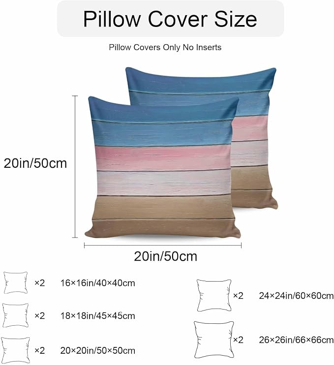 Pink Blue Brown Outdoor Pillow Covers 20x20 Inch Throw Pillow Covers Set of 2 Waterproof Decorative Pillow Cases Farmhouse Gradient Wooden Plank Art Cushion Covers for Patio Furniture Garden Couch
