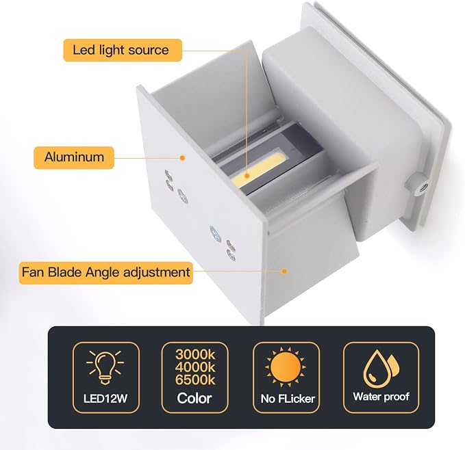 Mille Lucciole 12W 4Pack Outdoor Wall Lights Exterior/Interior,LED White Outdoor Wall Sconces Light Fixtures Modern,IP65 Waterproof Square Aluminum Wall Lamps, Up and Down Lights 4500K Natural Lights